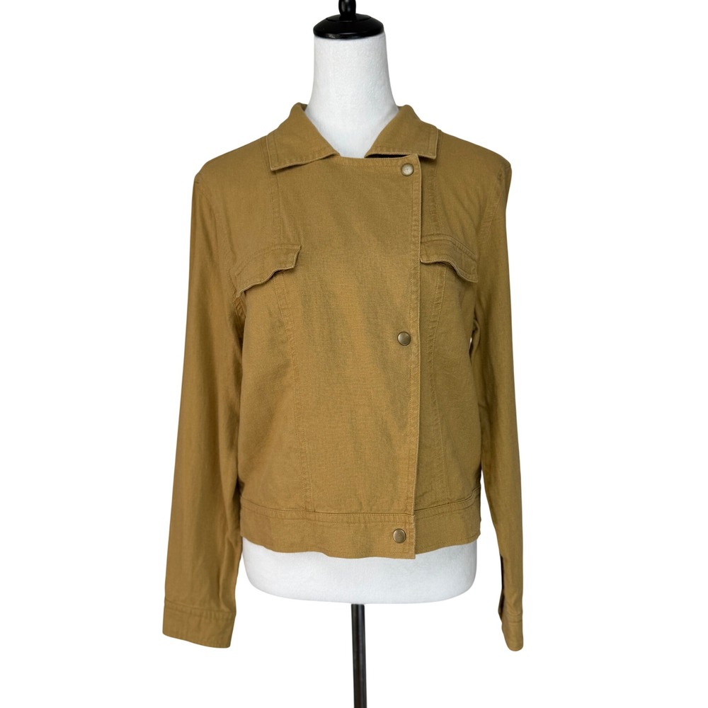 Charlie Paige Women Linen Blend Jacket M Tan Asymmetrical Snap Utility Pocket